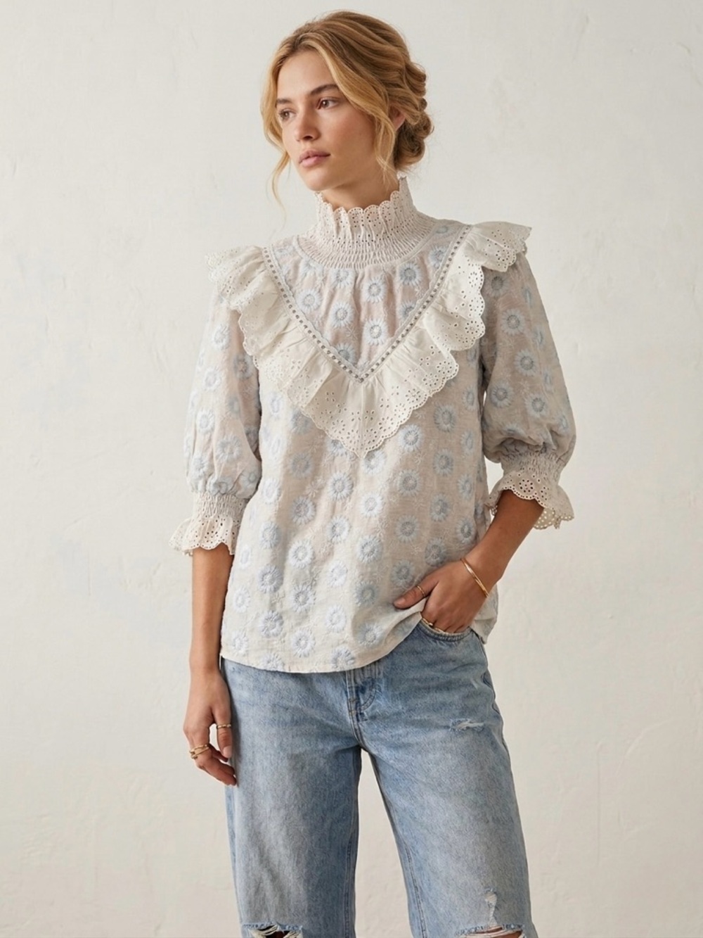 Romantic Embroidered Floral Eyelet Ruffle Blouse